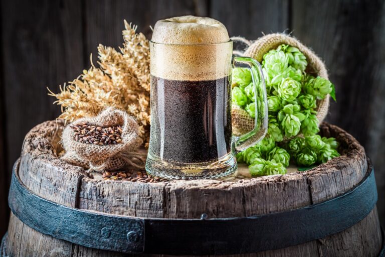 Pint of dark beer with big foam. Brewing industry.